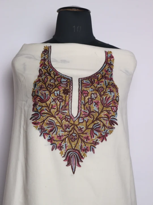 Nasreen Kashmiri 3 Piece Unstitched Suit In Polywool With Hand Aari Embroidery | White - Image 2