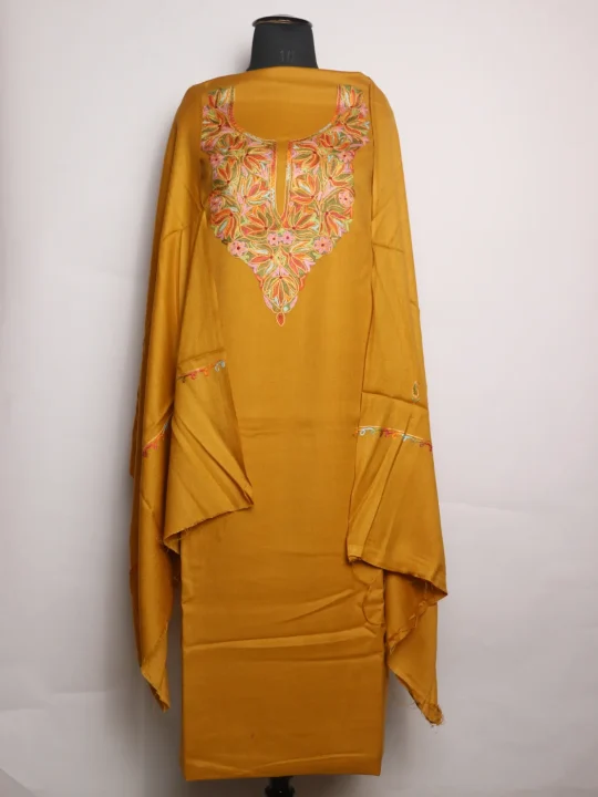 Yasmin Kashmiri 3 Piece Unstitched Suit In Polywool With Hand Aari Embroidery | Mustard Yellow