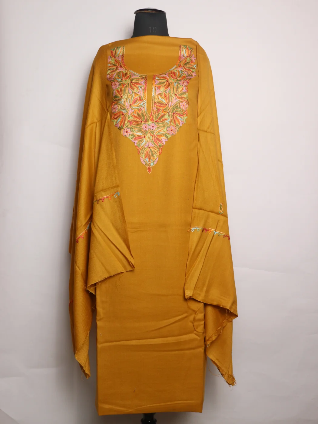 Yasmin Kashmiri 3 Piece Unstitched Suit In Polywool With Hand Aari Embroidery | Mustard Yellow