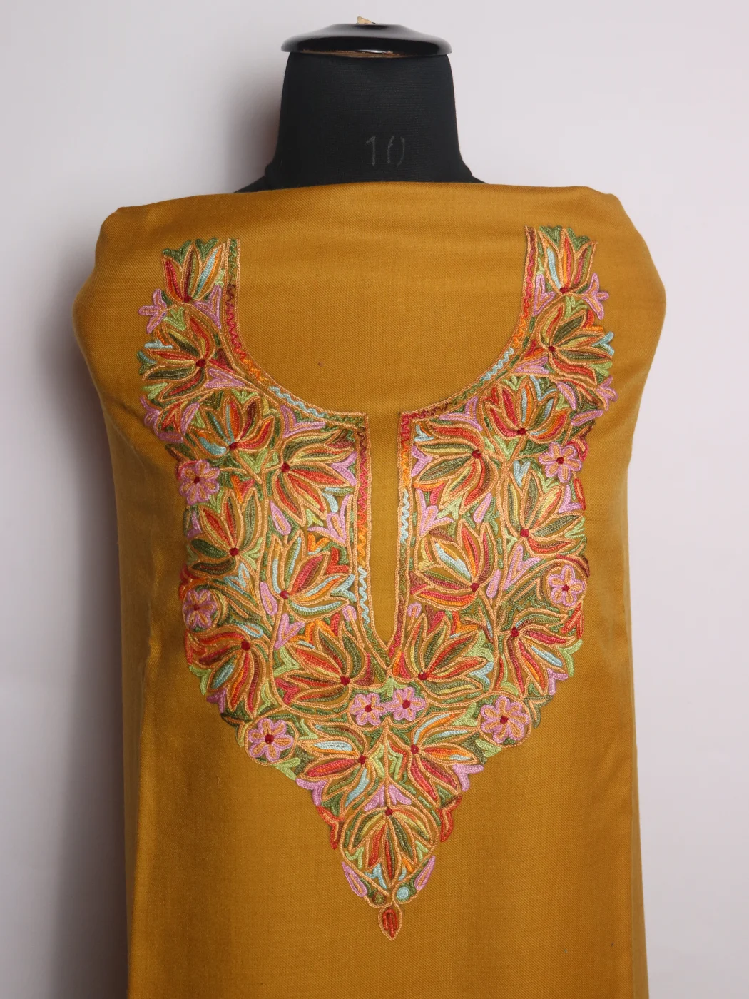 Yasmin Kashmiri 3 Piece Unstitched Suit In Polywool With Hand Aari Embroidery | Mustard Yellow - Image 2