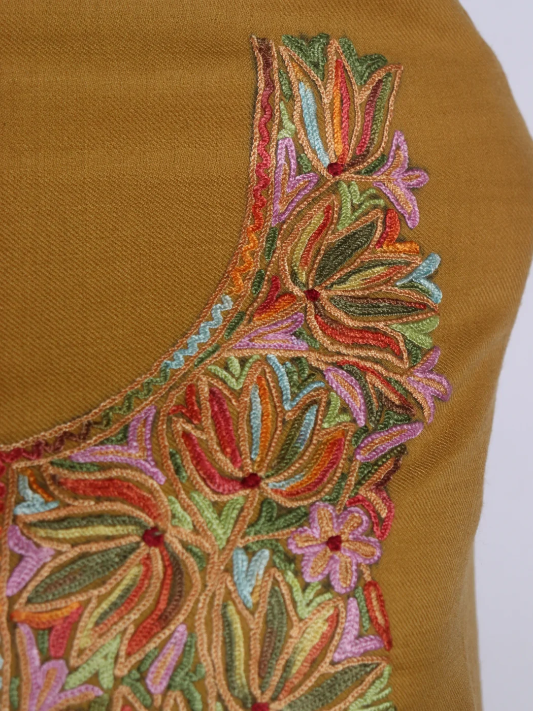 Yasmin Kashmiri 3 Piece Unstitched Suit In Polywool With Hand Aari Embroidery | Mustard Yellow - Image 3