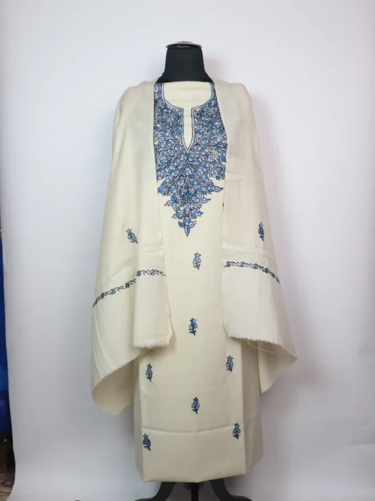 Zoon Kashmiri Unstitched 3PC Suit In Pure Wool With Hand Sozni Paper Machie Style | Cream