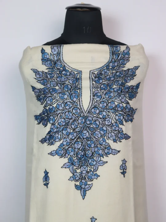 Zoon Kashmiri Unstitched 3PC Suit In Pure Wool With Hand Sozni Paper Machie Style | Cream - Image 2