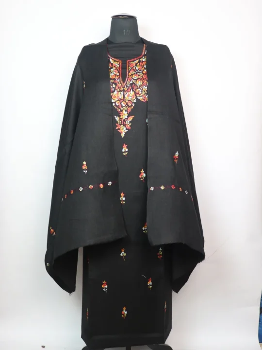 Kashmiri 3PC Suit In Pure Black Wool With Hand Sozni Paper Machie Style | Zoon
