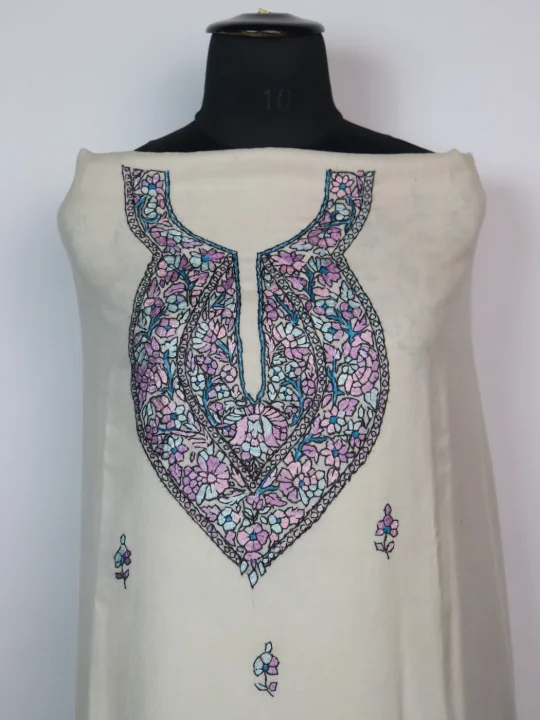 Kashmiri Zoon 3PC Suit In Pure Wool With Hand Sozni Paper Machie Style | White - Image 2