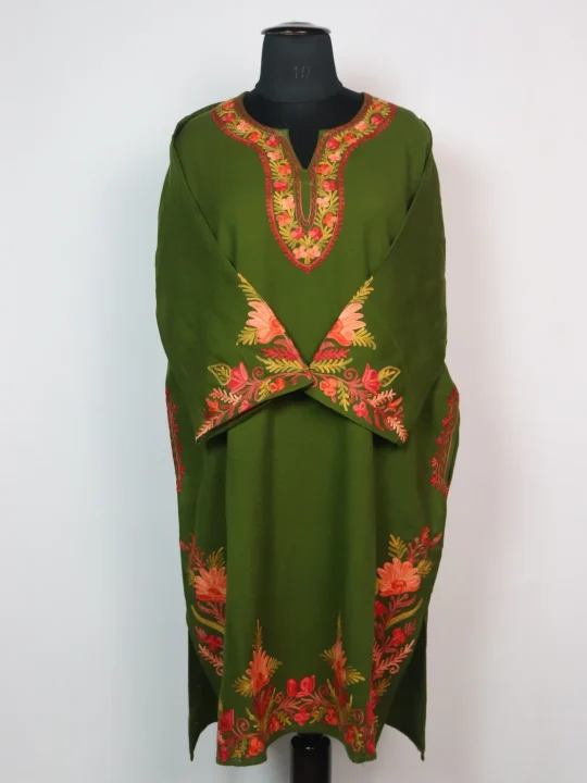 Kashmiri Aari Embroidered Pheran in Olive Green Cashmilon | Irtiza