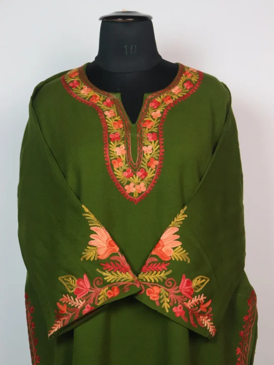 Kashmiri Aari Embroidered Pheran in Olive Green Cashmilon | Irtiza - Image 2
