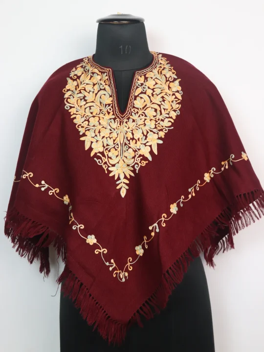 Maroon Kashmiri Poncho for Girls in Cashmilon Wool with Aari Embroidery