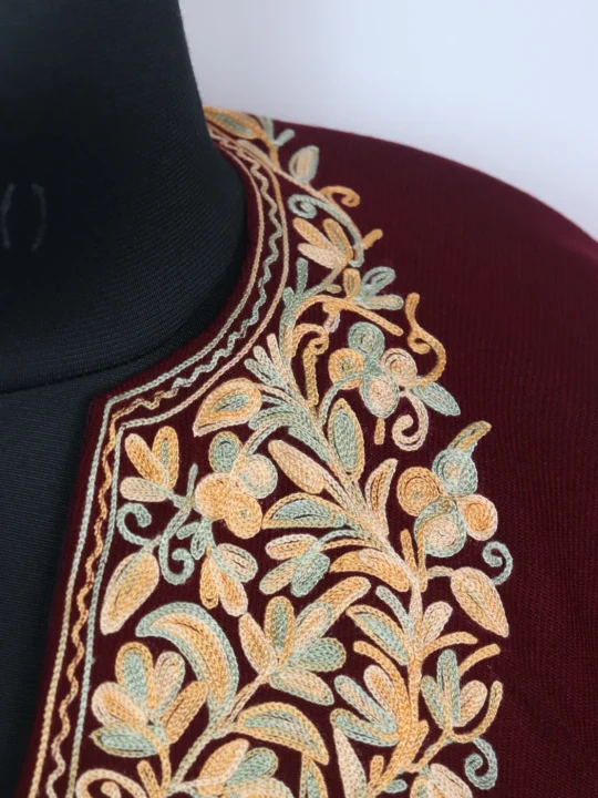 Maroon Kashmiri Poncho for Girls in Cashmilon Wool with Aari Embroidery - Image 2