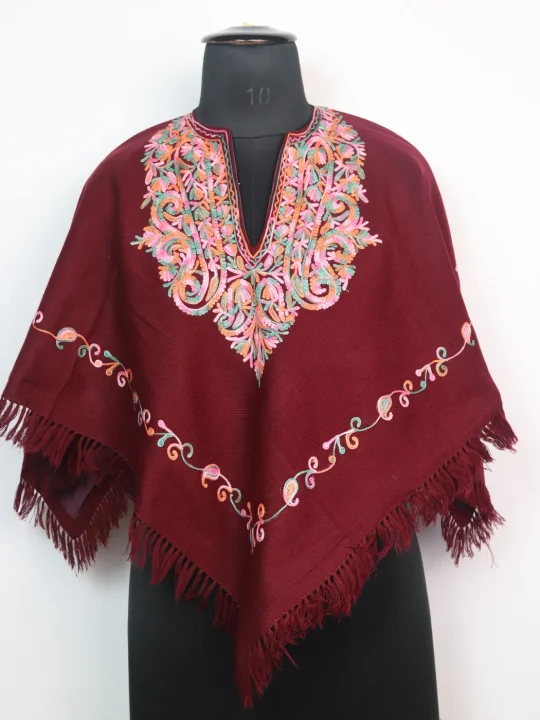 Kashmiri Girls' Poncho with Aari Embroidery in Maroon Cashmilon Wool