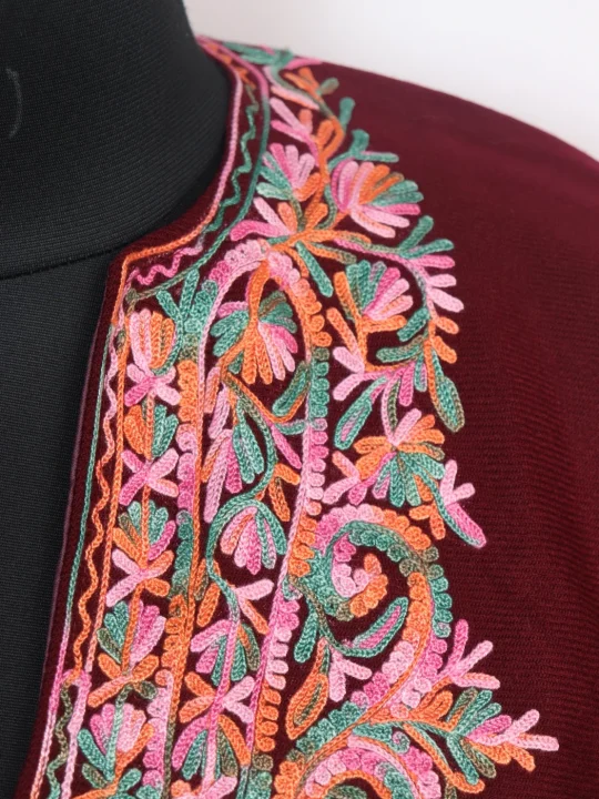 Kashmiri Girls' Poncho with Aari Embroidery in Maroon Cashmilon Wool - Image 2