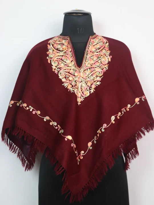 Kashmiri Girls' Poncho in Maroon Cashmilon Wool with Aari Embroidery