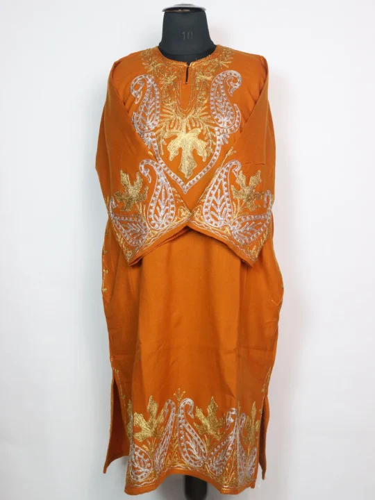 Muntaha Kashmiri Pheran in Yellow Cashmilon With Zari Work