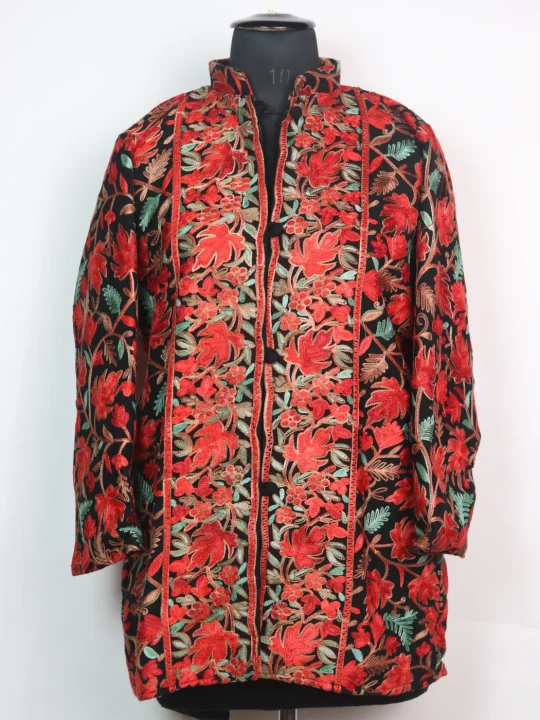 Black Kashmiri Short Coat Cashmilon Wool Baramulla Aari Embroidery