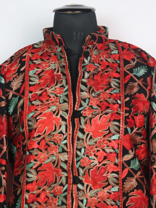 Black Kashmiri Short Coat Cashmilon Wool Baramulla Aari Embroidery - Image 2
