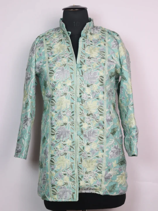 Mint Green Kashmiri Short Coat Char Chinar Cashmilon Wool Aari Work