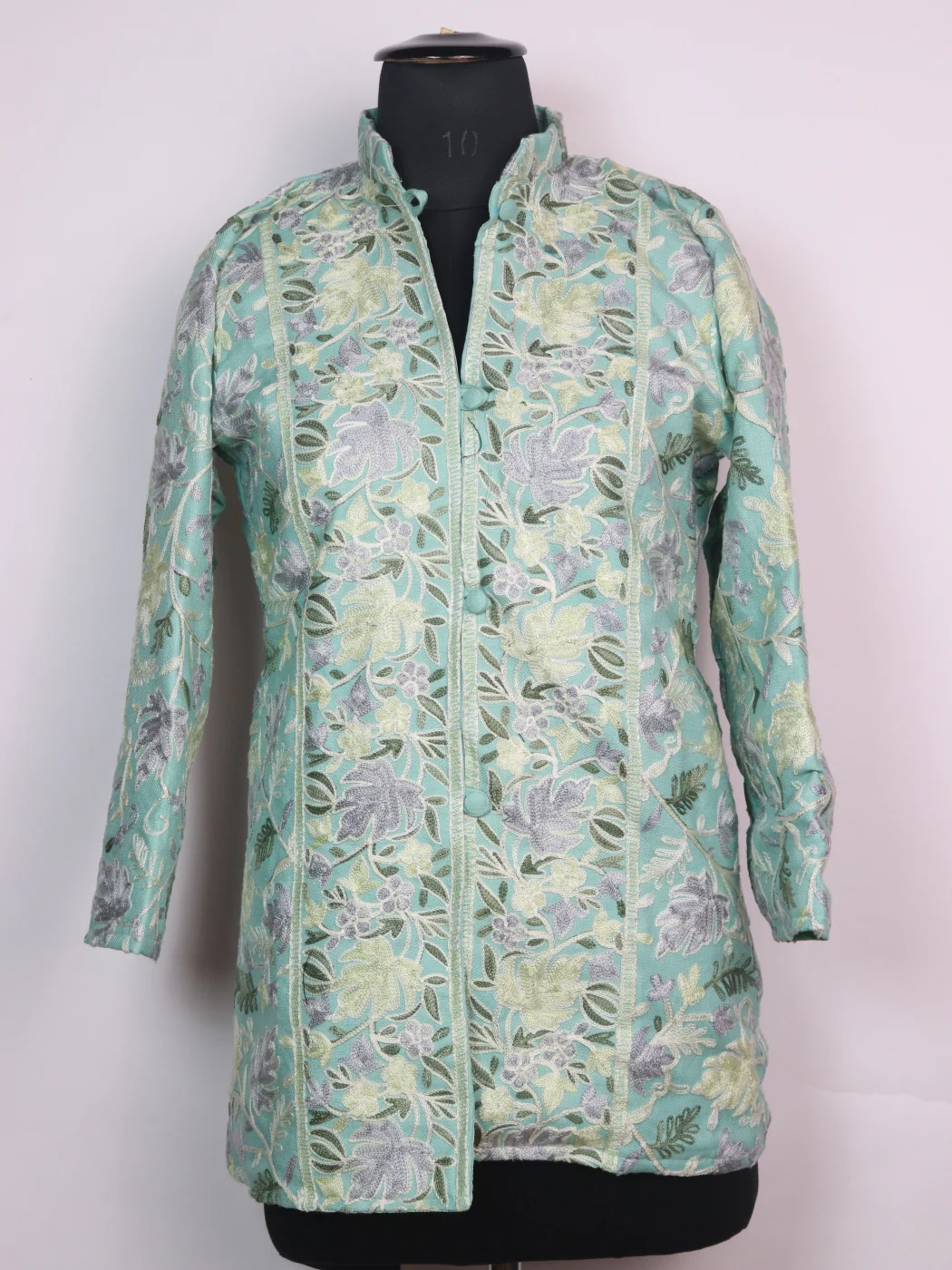 Mint Green Kashmiri Short Coat Char Chinar Cashmilon Wool Aari Work