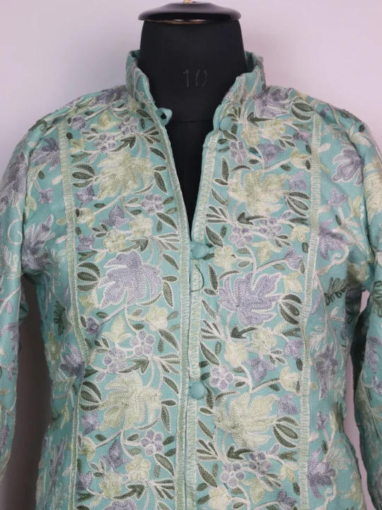 Mint Green Kashmiri Short Coat Char Chinar Cashmilon Wool Aari Work - Image 2