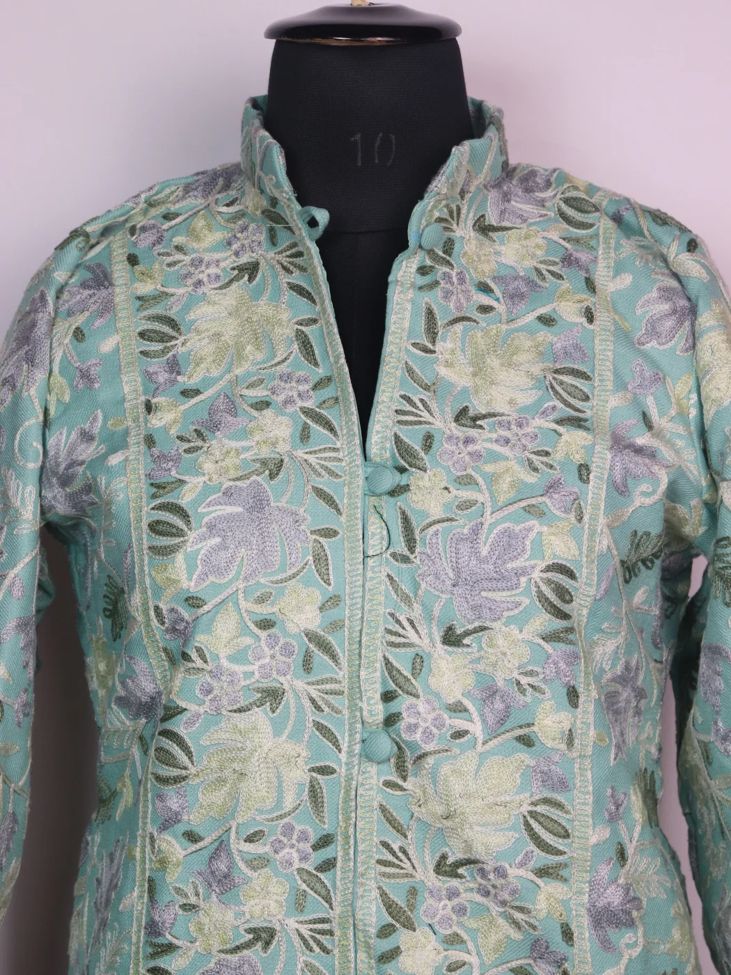 Mint Green Kashmiri Short Coat Char Chinar Cashmilon Wool Aari Work - Image 2