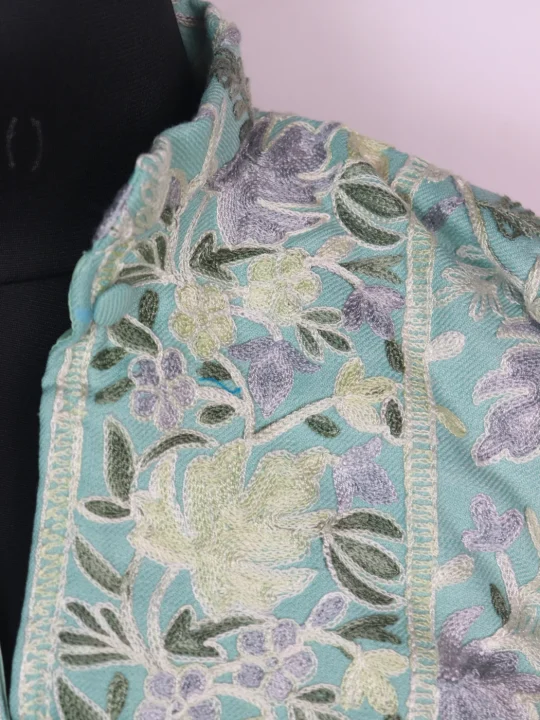 Mint Green Kashmiri Short Coat Char Chinar Cashmilon Wool Aari Work - Image 3