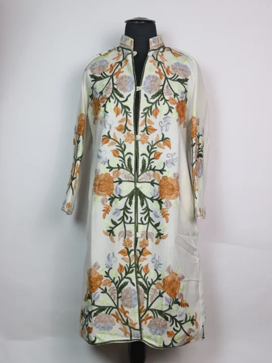 Cream Kashmiri Long Coat Cashmilon Wool Aari Embroidery Yusmarg