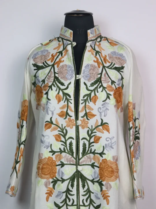 Cream Kashmiri Long Coat Cashmilon Wool Aari Embroidery Yusmarg - Image 2