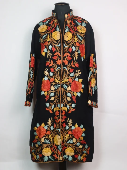 Black Khubsurt Kashmiri Long Coat Cashmilon Wool Aari Work
