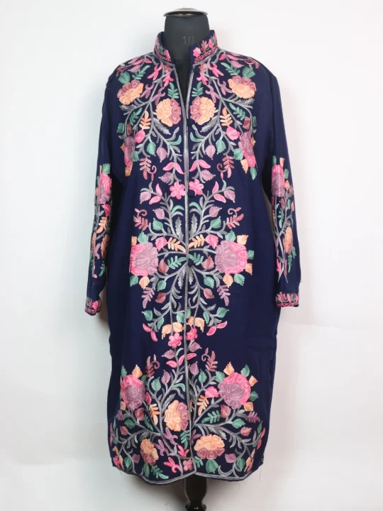 Black Kashmiri Long Coat Cashmilon Wool Aari Kadhai Hazratbal