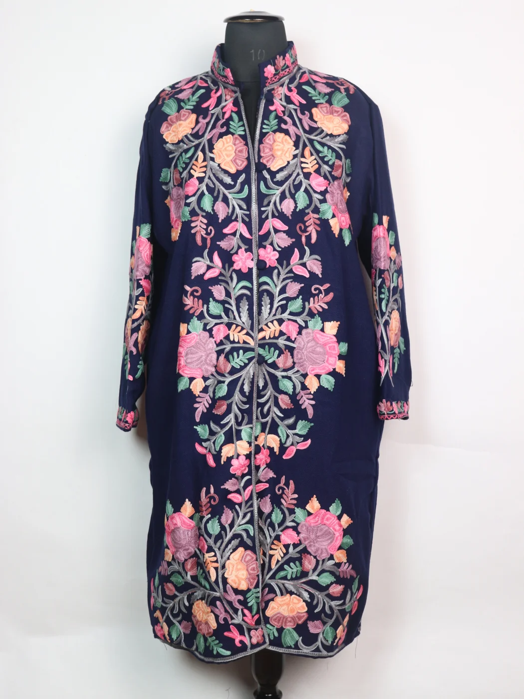 Black Kashmiri Long Coat Cashmilon Wool Aari Kadhai Hazratbal
