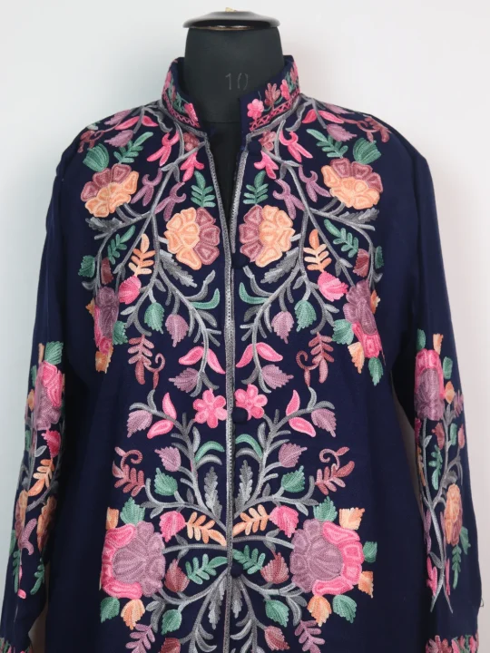 Black Kashmiri Long Coat Cashmilon Wool Aari Kadhai Hazratbal - Image 2