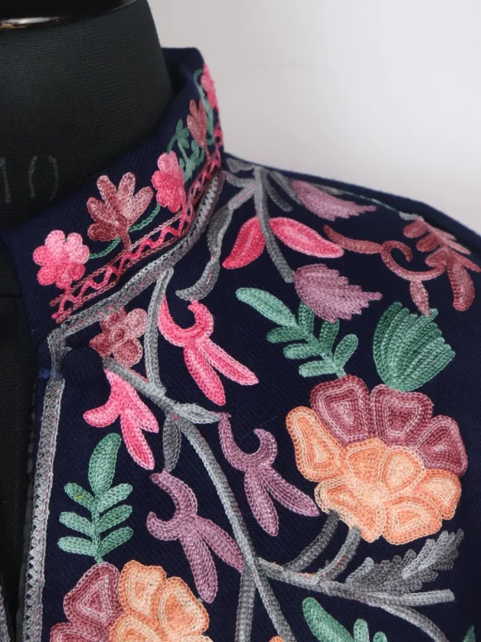 Black Kashmiri Long Coat Cashmilon Wool Aari Kadhai Hazratbal - Image 3