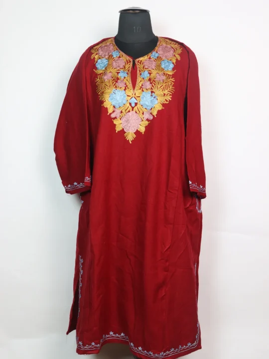 Wine Maroon Kashmiri Mehr Pheran Cashmilon Wool Aari Work