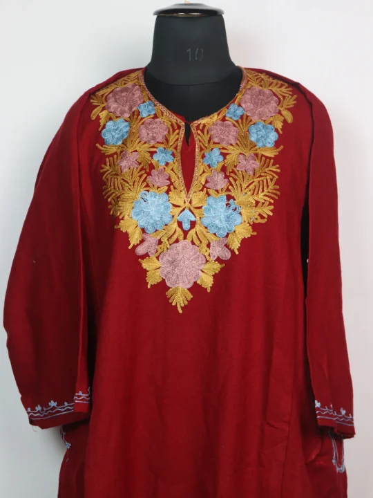 Wine Maroon Kashmiri Mehr Pheran Cashmilon Wool Aari Work - Image 2