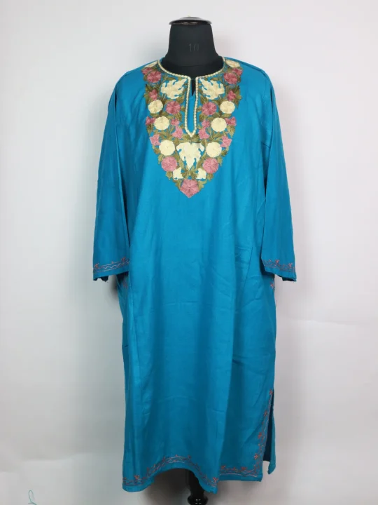 Light Blue Kashmiri Mehr Pheran Cashmilon Wool Aari Kadhai