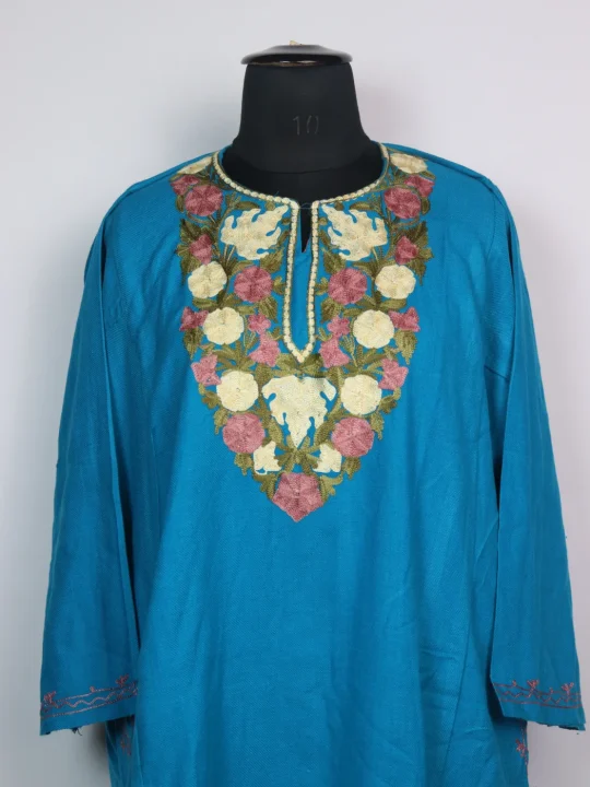 Light Blue Kashmiri Mehr Pheran Cashmilon Wool Aari Kadhai - Image 2
