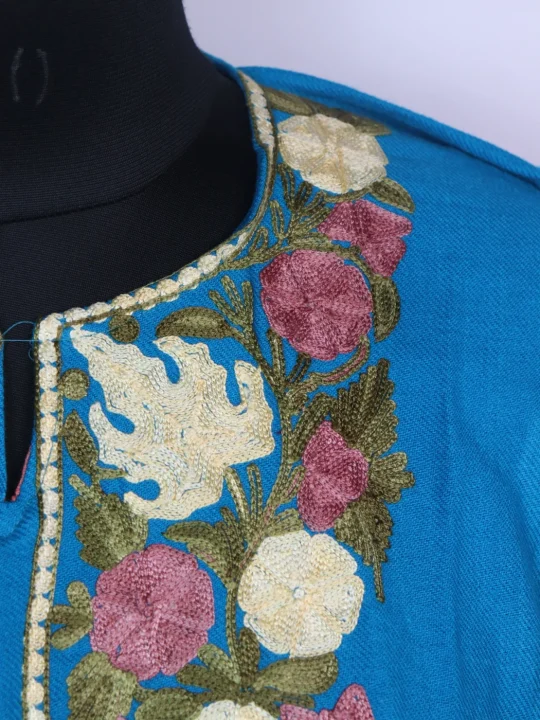 Light Blue Kashmiri Mehr Pheran Cashmilon Wool Aari Kadhai - Image 3