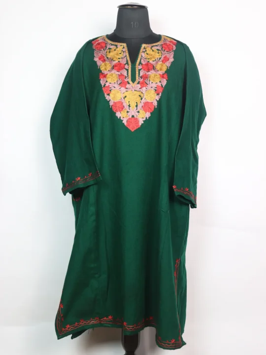 Green Mehr Kashmiri Pheran Cashmilon Wool Aari Embroidery