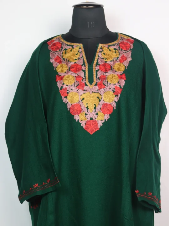 Green Mehr Kashmiri Pheran Cashmilon Wool Aari Embroidery - Image 2