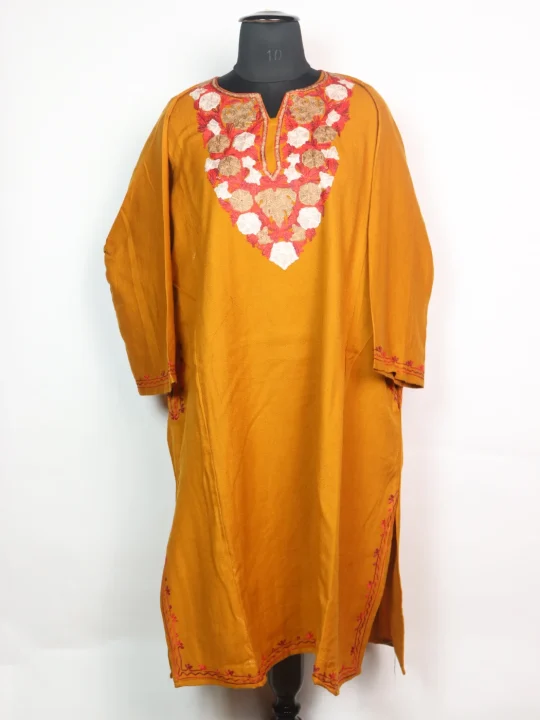 Mustard Mehr Kashmiri Pheran Cashmilon Wool With Aari Work