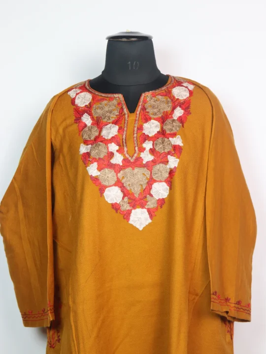 Mustard Mehr Kashmiri Pheran Cashmilon Wool With Aari Work - Image 2