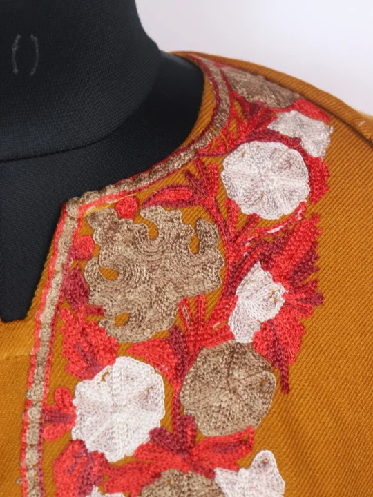Mustard Mehr Kashmiri Pheran Cashmilon Wool With Aari Work - Image 3
