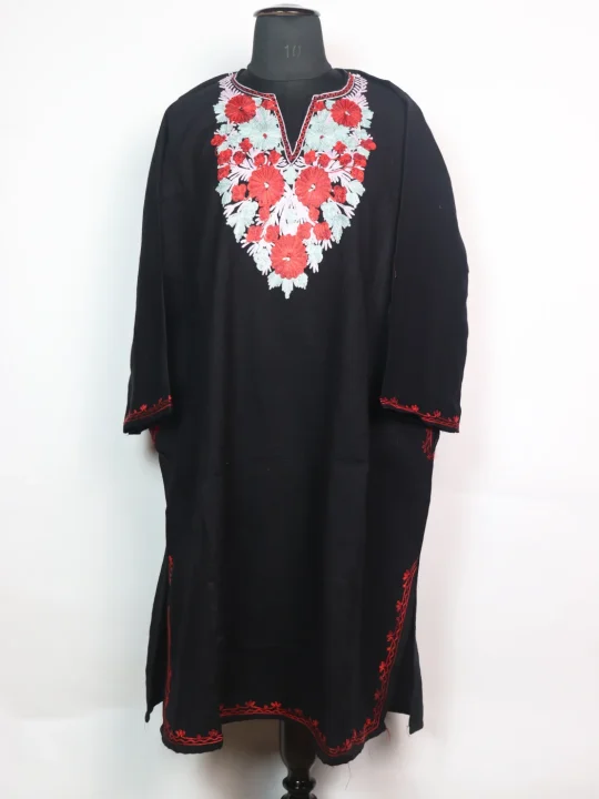 Black Kashmiri Pheran Cashmilon Wool Mehr With Aari Kadhai