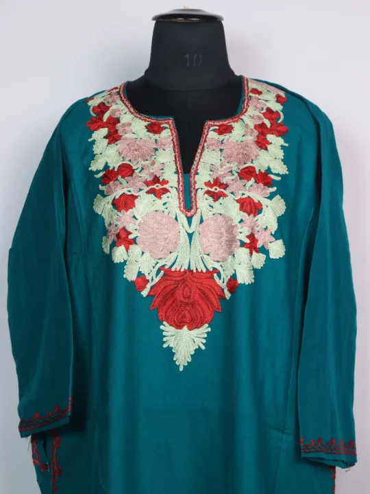 Sky Blue Kashmiri Pheran Cashmilon Wool With Aari Work Mehr - Image 2