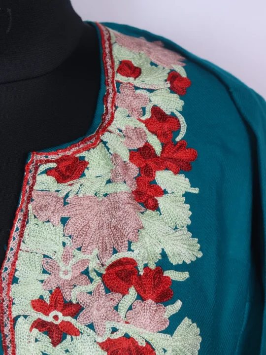 Sky Blue Kashmiri Pheran Cashmilon Wool With Aari Work Mehr - Image 3