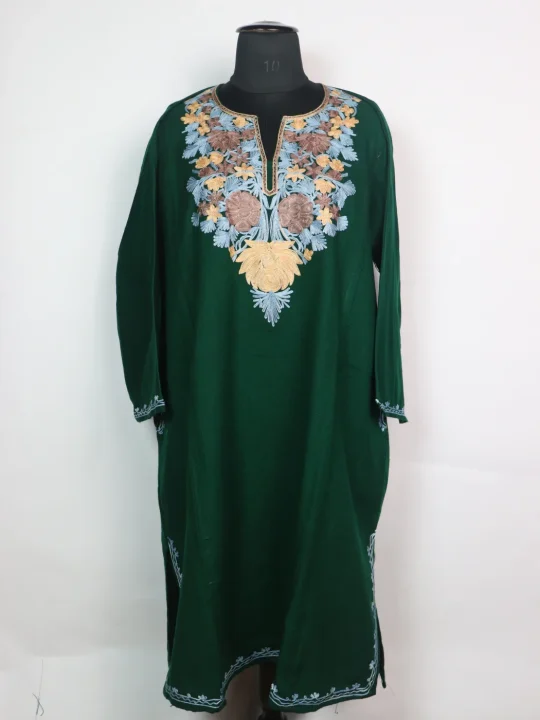 Kashmiri Green Pheran Cashmilon Wool Mehr With Aari Kadhai