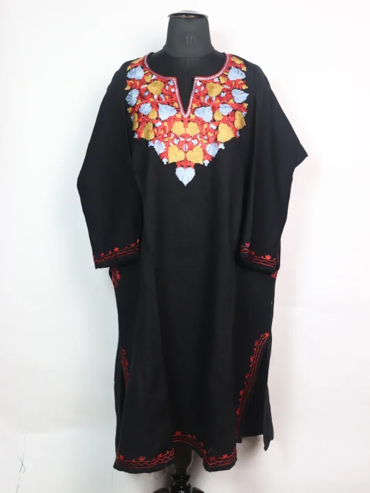 Black Kashmiri Pheran Cashmilon Wool Mehr With Aari Embroidery