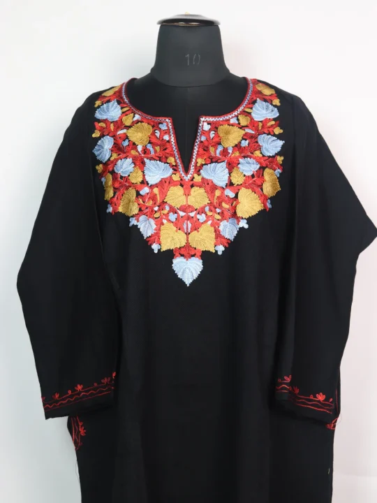 Black Kashmiri Pheran Cashmilon Wool Mehr With Aari Embroidery - Image 2
