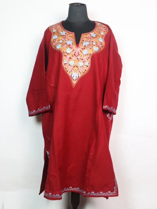Maroon Mehr Kashmiri Pheran Cashmilon Wool With Aari Kadhai