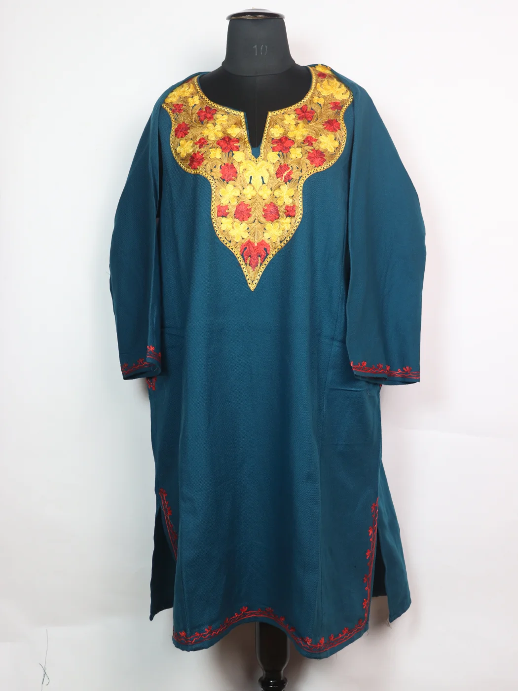 Teal Blue Mehr Kashmiri Pheran Cashmilon Wool With Aari Embroidery