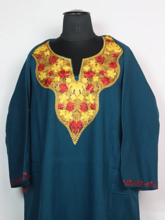 Teal Blue Mehr Kashmiri Pheran Cashmilon Wool With Aari Embroidery - Image 2